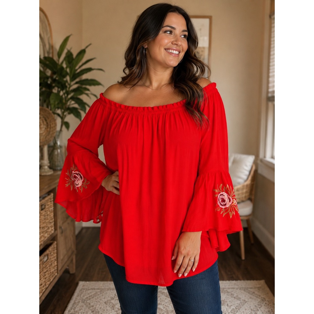 Red Feathers Off-the-Shoulder Embroidered Sleeve Top – Size Large